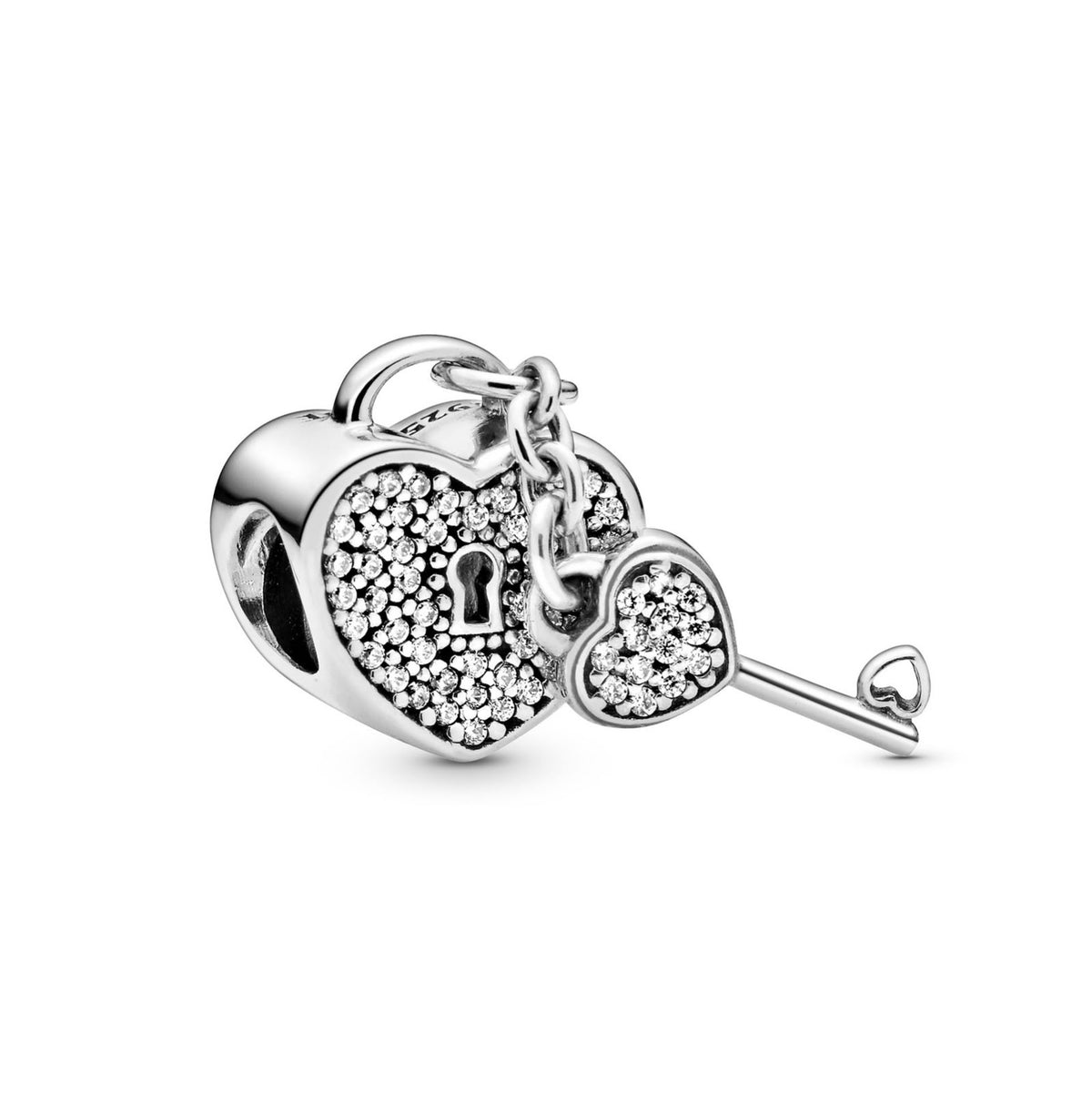 Charm candado de corazón con zirconias y llave con mango de corazón