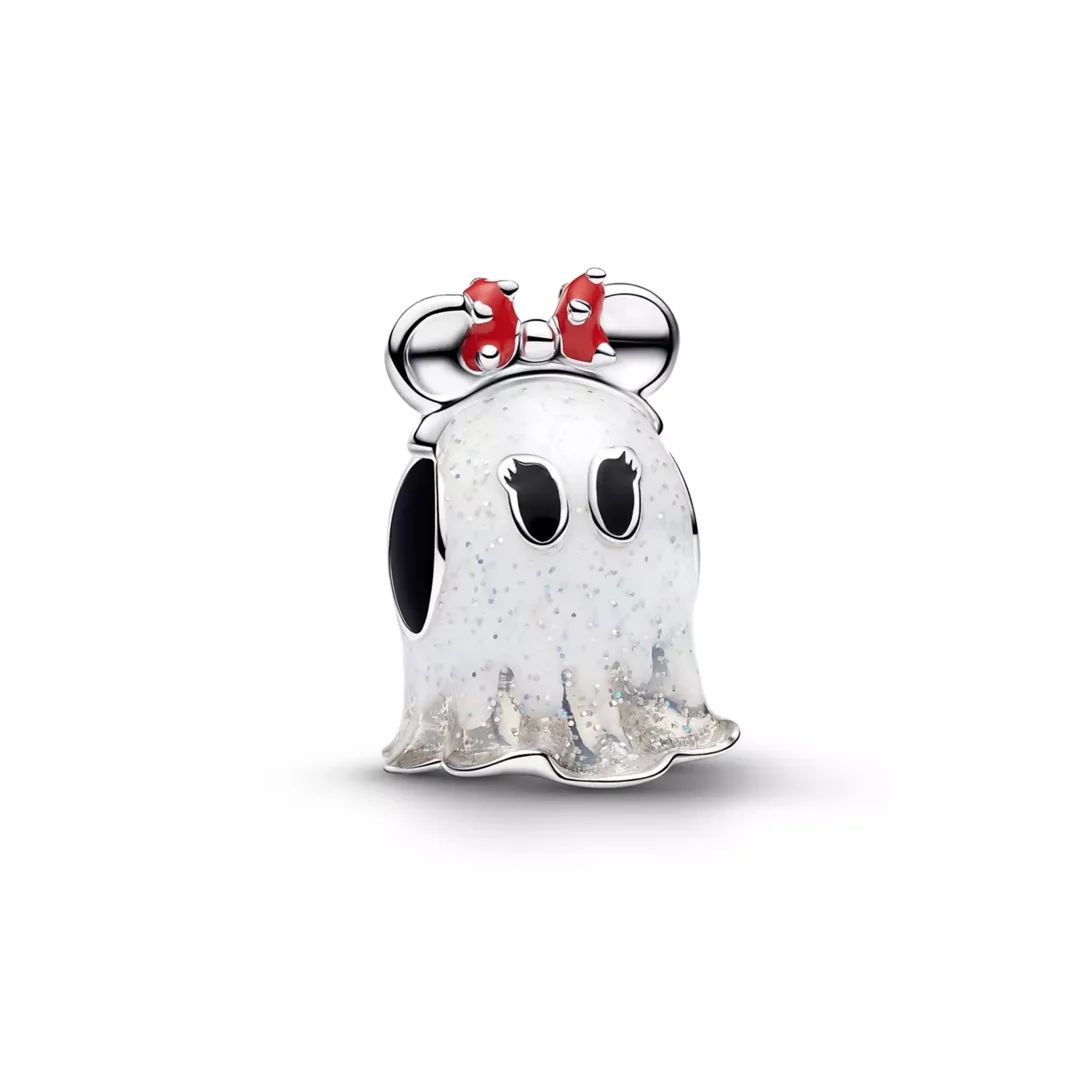 Charm de Minnie disfrazada de fantasma con moño rojo
