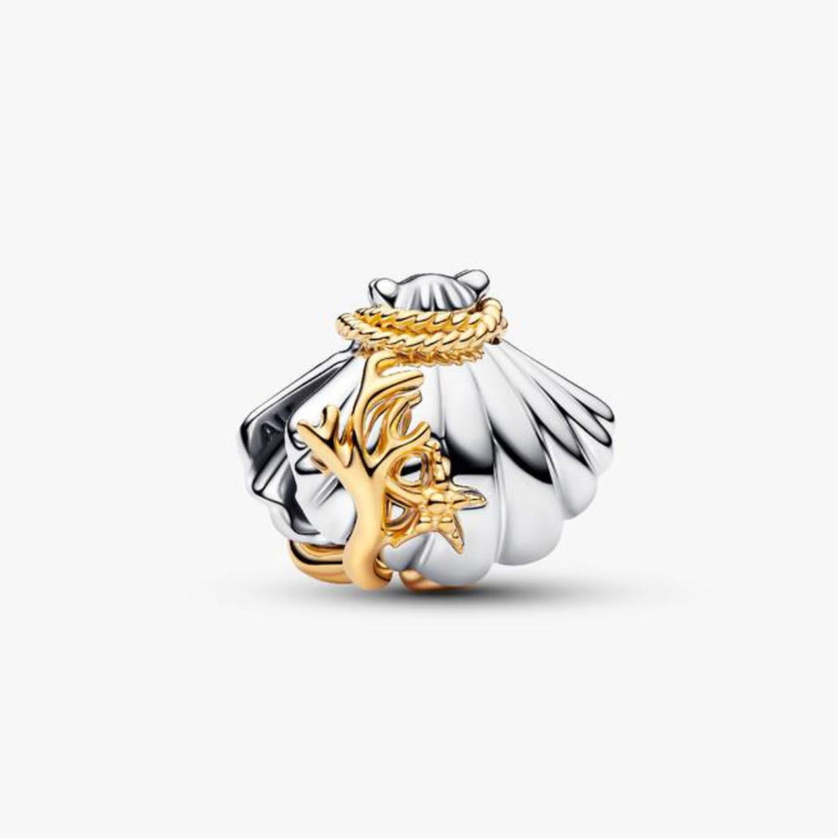 Charm Concha Ariel Gold de plata .925 con detalles dorados de coral y estrella de mar, de Adora Charms