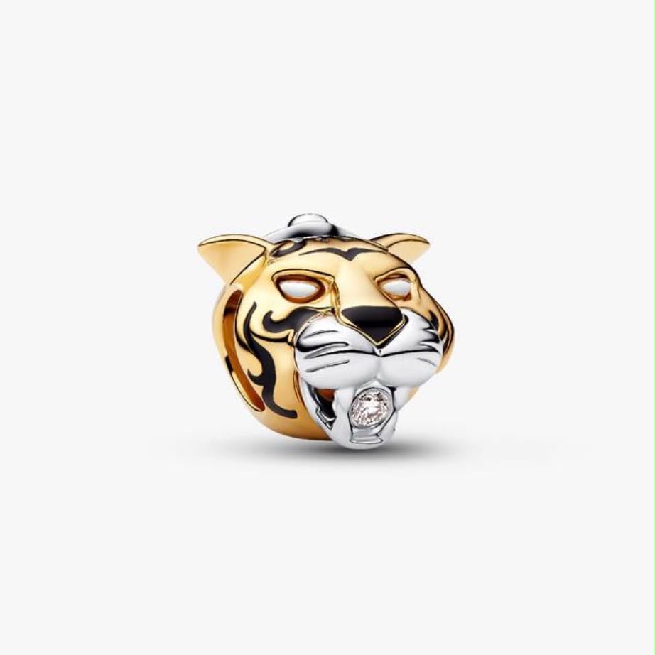 Charm de Rajah, el tigre de la princesa, en dorado con rayas negras y una zirconia